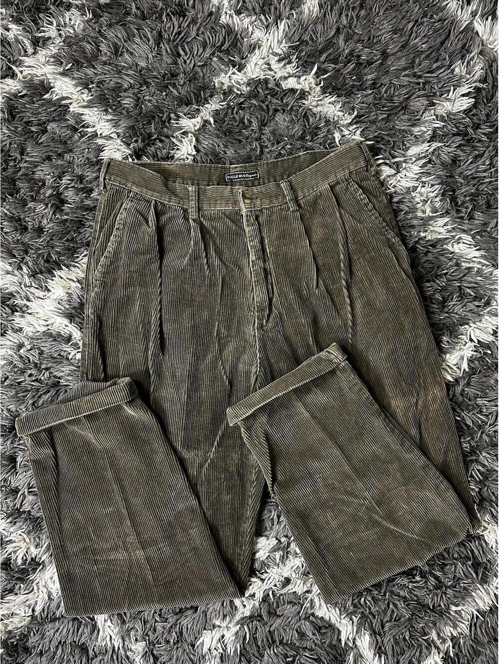 Vintage 90s Bugle Boy Corduroy Pants Mens 34x30 Olive Green Pleated Cuffed